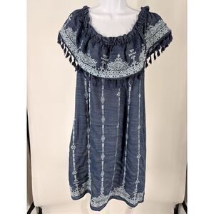 Blue Boho Off-Shoulder Dress – Embroidered Tassel Trim Peasant Mini Tunic